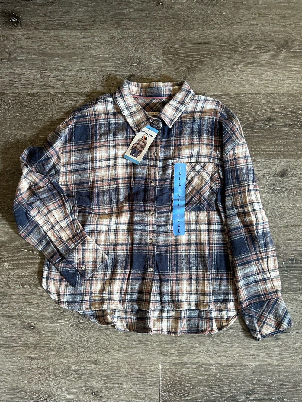 NWT Large Scotch & Soda Blue and Pink Plaid Cotton Button Down Long Sleeve Shirt